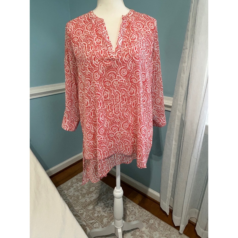 Outback Red Womens Small Tunic Blouse Red White Paisley Roll Tab High Low Hem